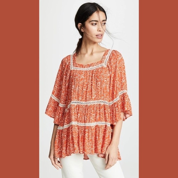 Free People Tops - NEW Free People Talk About It Tunic Top Medium Boho Crochet Tiered Bell Sleeve